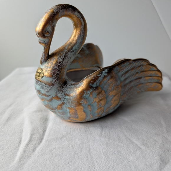 Stangl Pottery 22k Antique Gold Green Ceramic Swan Planter Vase MCM Vintage - Picture 2 of 13